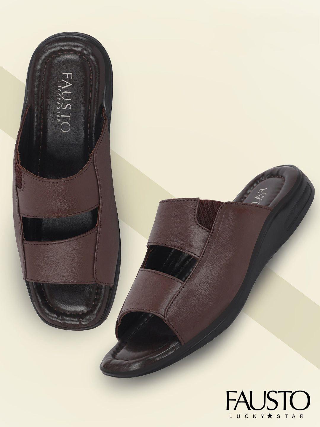 FAUSTO Men Brown Leather Slip On Comfort Sandals