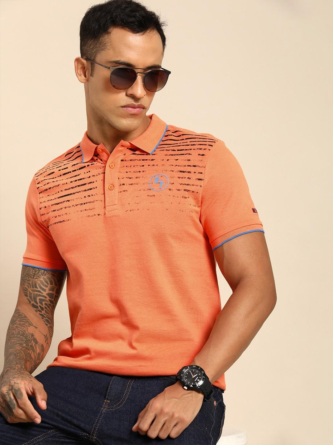 Being Human Men Coral Orange Striped Polo Collar Pure Cotton T-shirt
