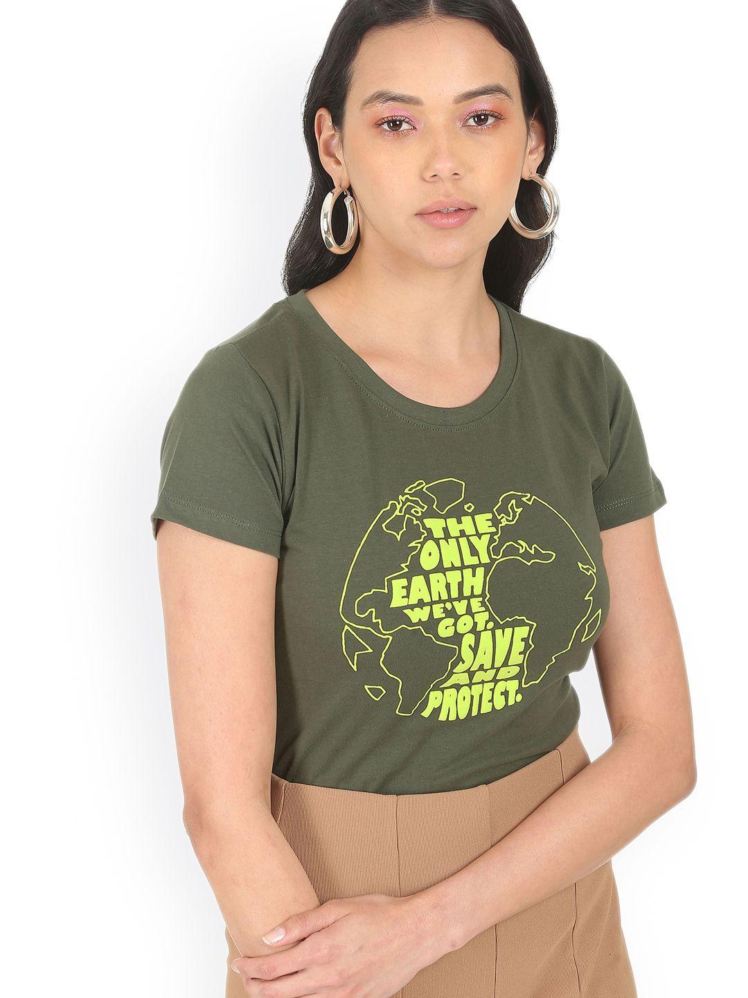 Sugr Women Olive Green Typography Printed Pure Cotton T-shirt