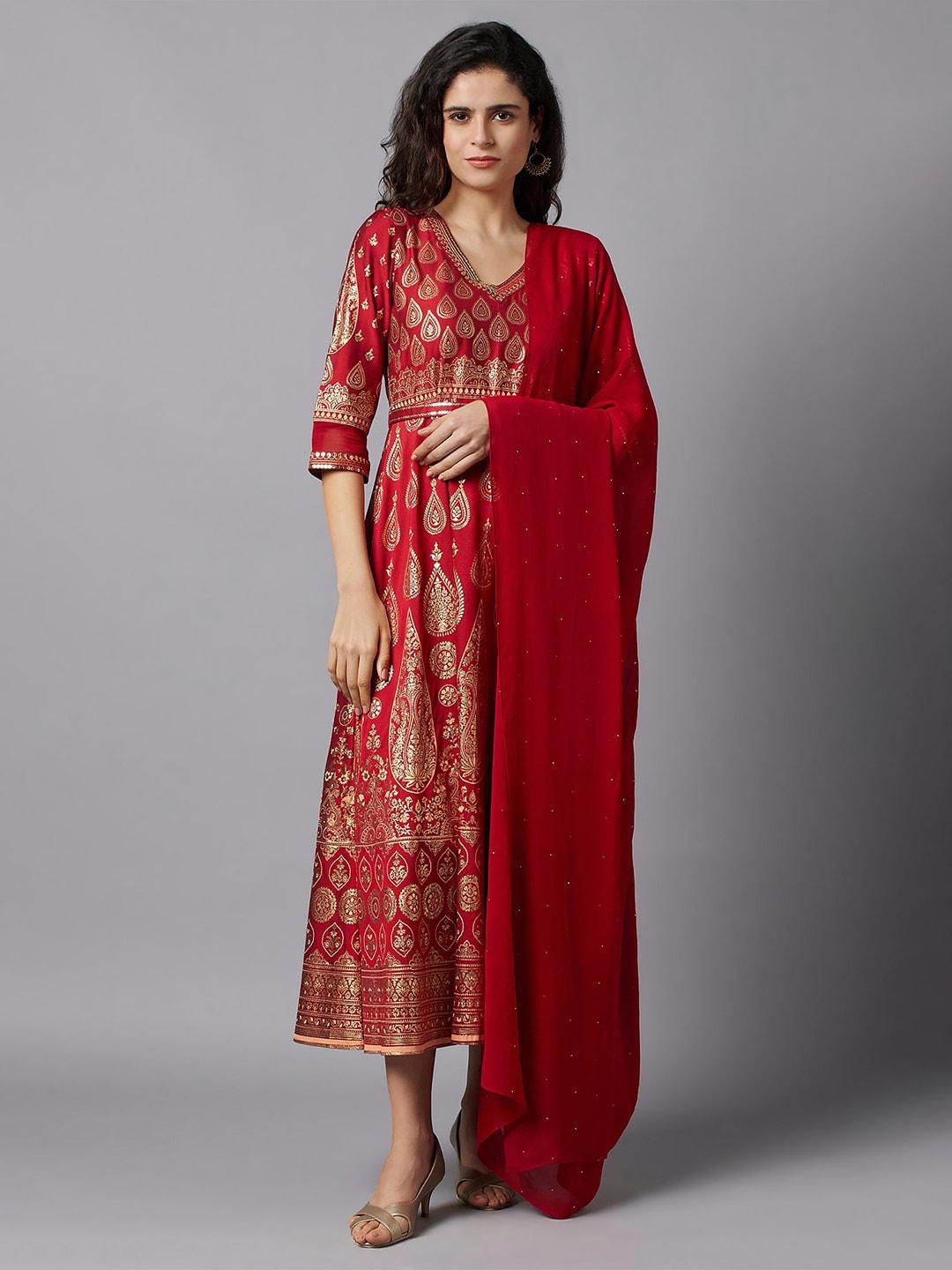 AURELIA Red Ethnic Motifs Printed Maxi Dress with Dupatta