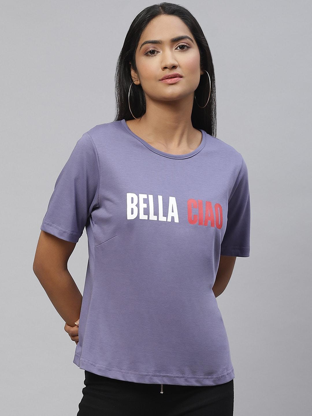 plusS Women Purple & White Bella Ciao Money Heist Song Print Cotton T-shirt
