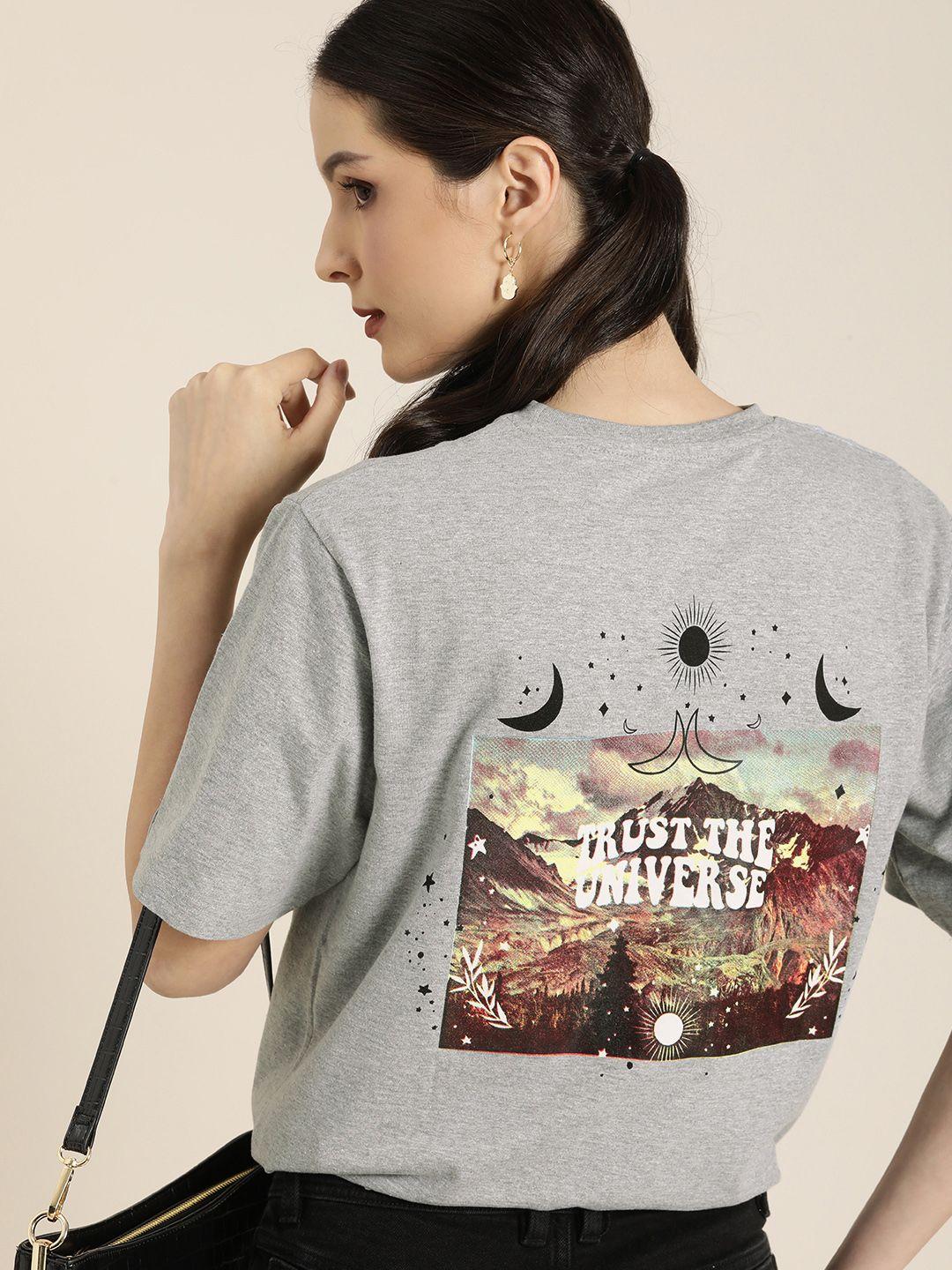 DILLINGER Women Grey Melange & Beige Back Graphic Printed Cotton Oversized T-Shirt