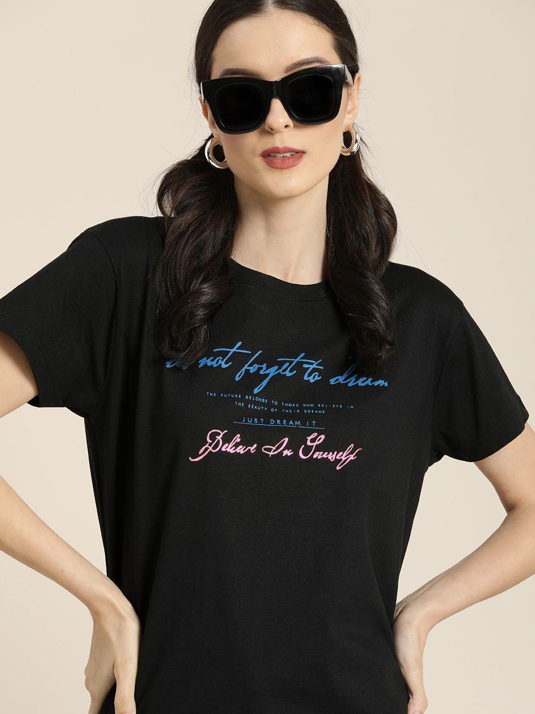 DILLINGER Women Black & Blue Typography Print Cotton Boxy T-shirt