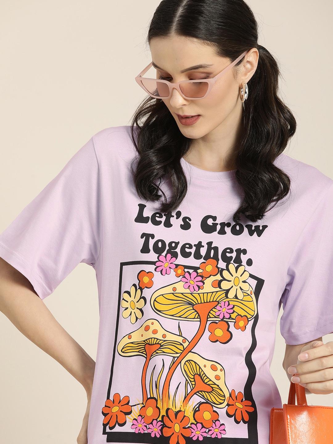 DILLINGER Women Lavender & Yellow Graphic Print Cotton Oversized Longline T-shirt