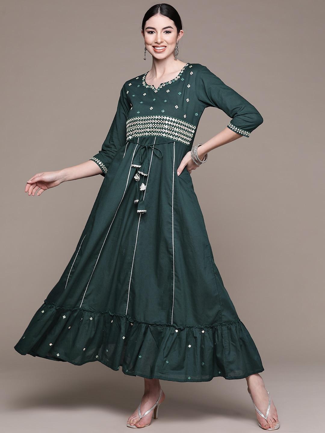Anubhutee Green Embroidered Ethnic Cotton A-Line Maxi Dress