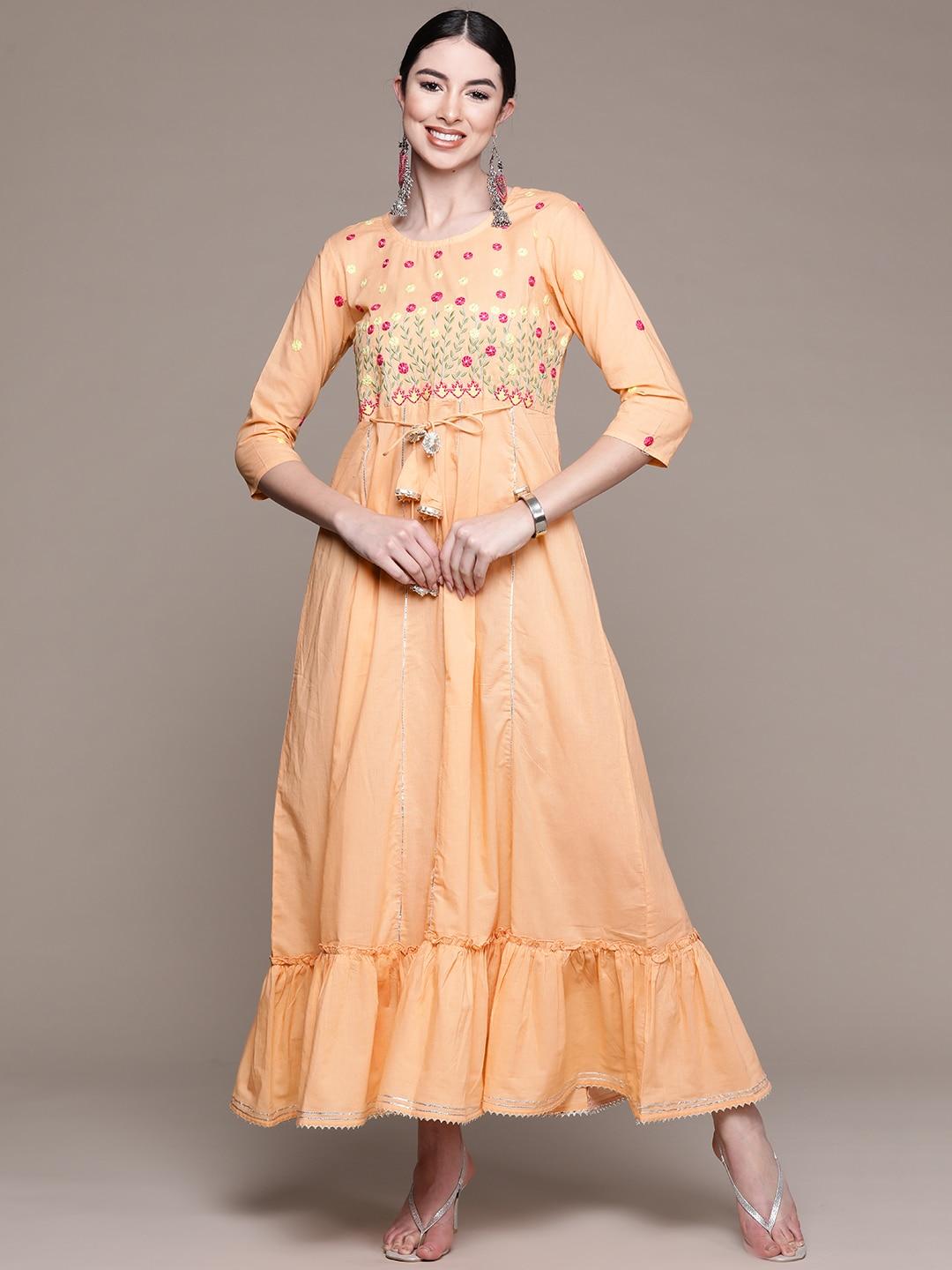 Anubhutee Peach-Coloured Floral Embroidered Ethnic Cotton A-Line Maxi Dress