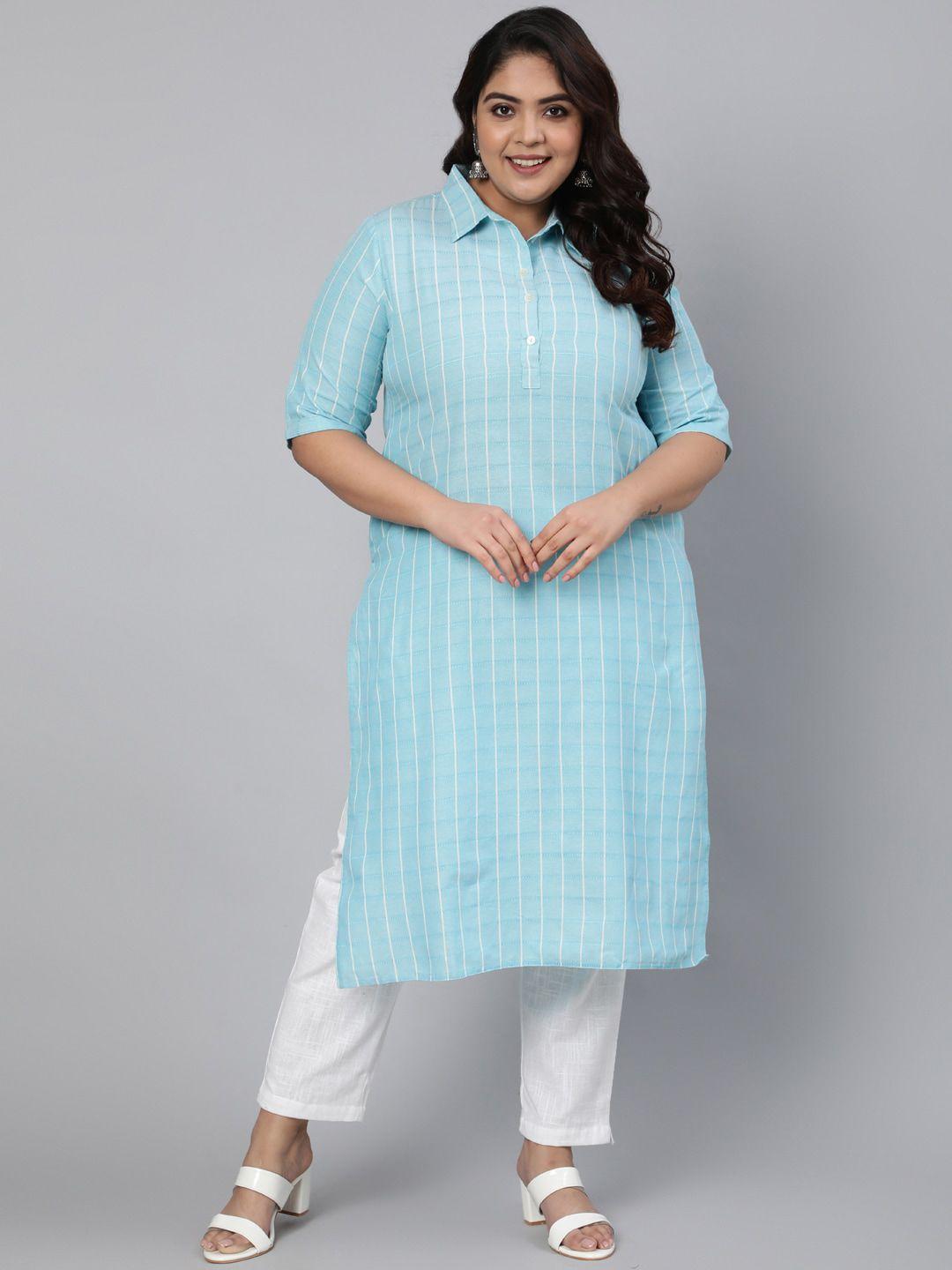 Jaipur Kurti Women Plus Size Blue & White Striped Cotton Kurta