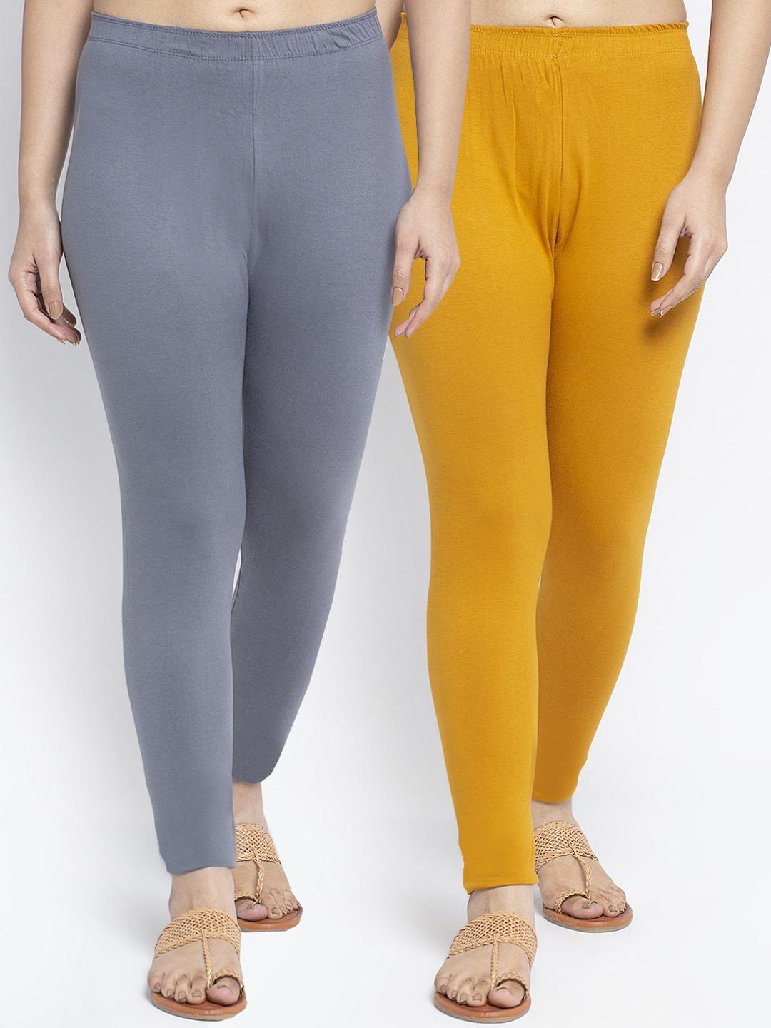 GRACIT Women Grey & Yellow Pack Of 2 Solid Ankle-Length Leggings