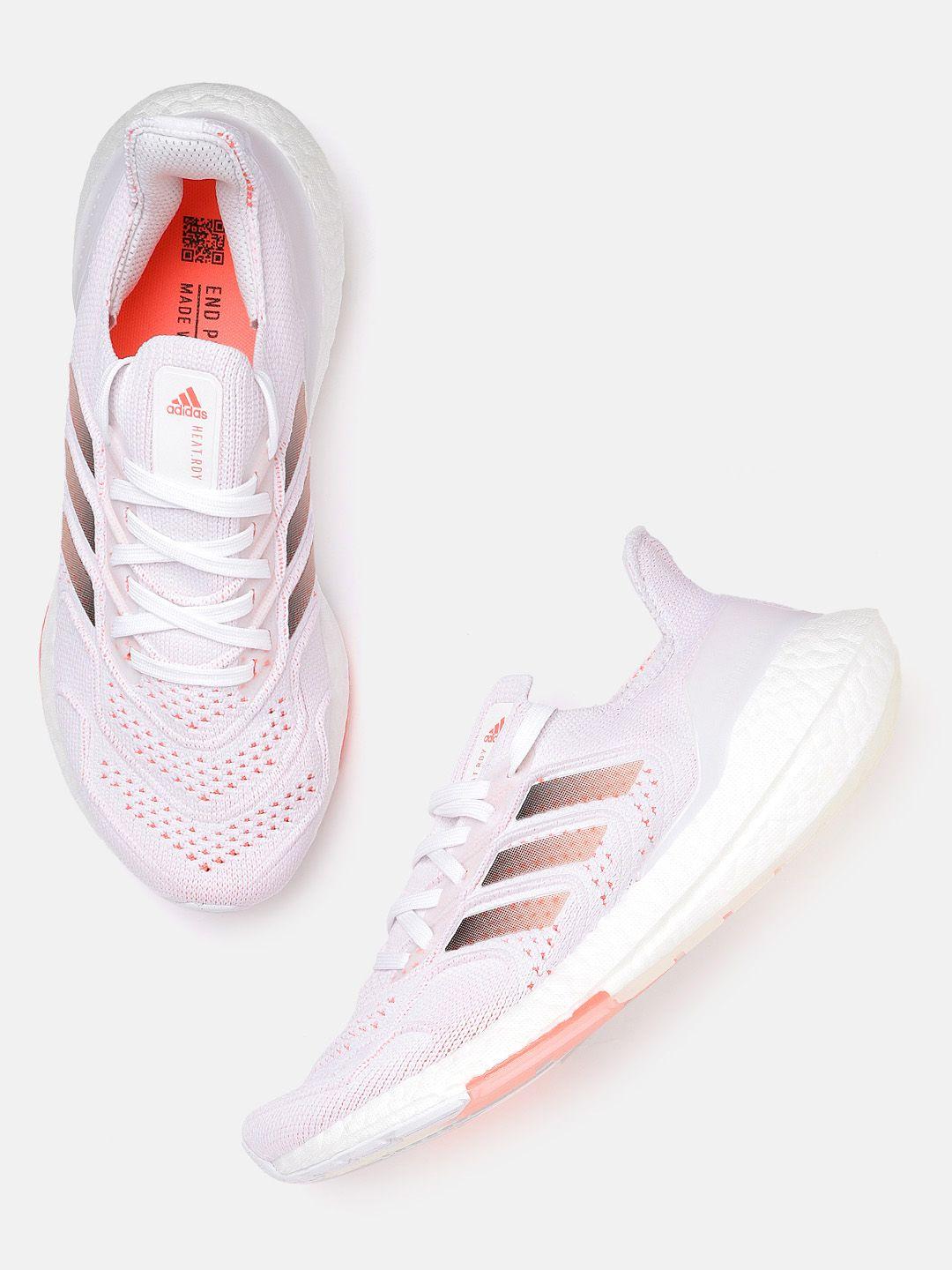 ADIDAS Women White & Coral Pink Woven Design Ultraboost 22 Heat.Rdy Sustainable Running Shoes