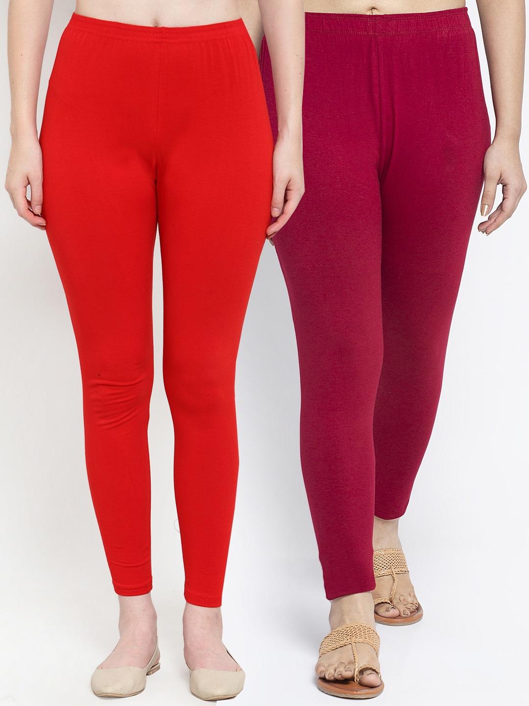 gracit-women-pack-of-2-red-&-maroon-combed-cotton-leggings