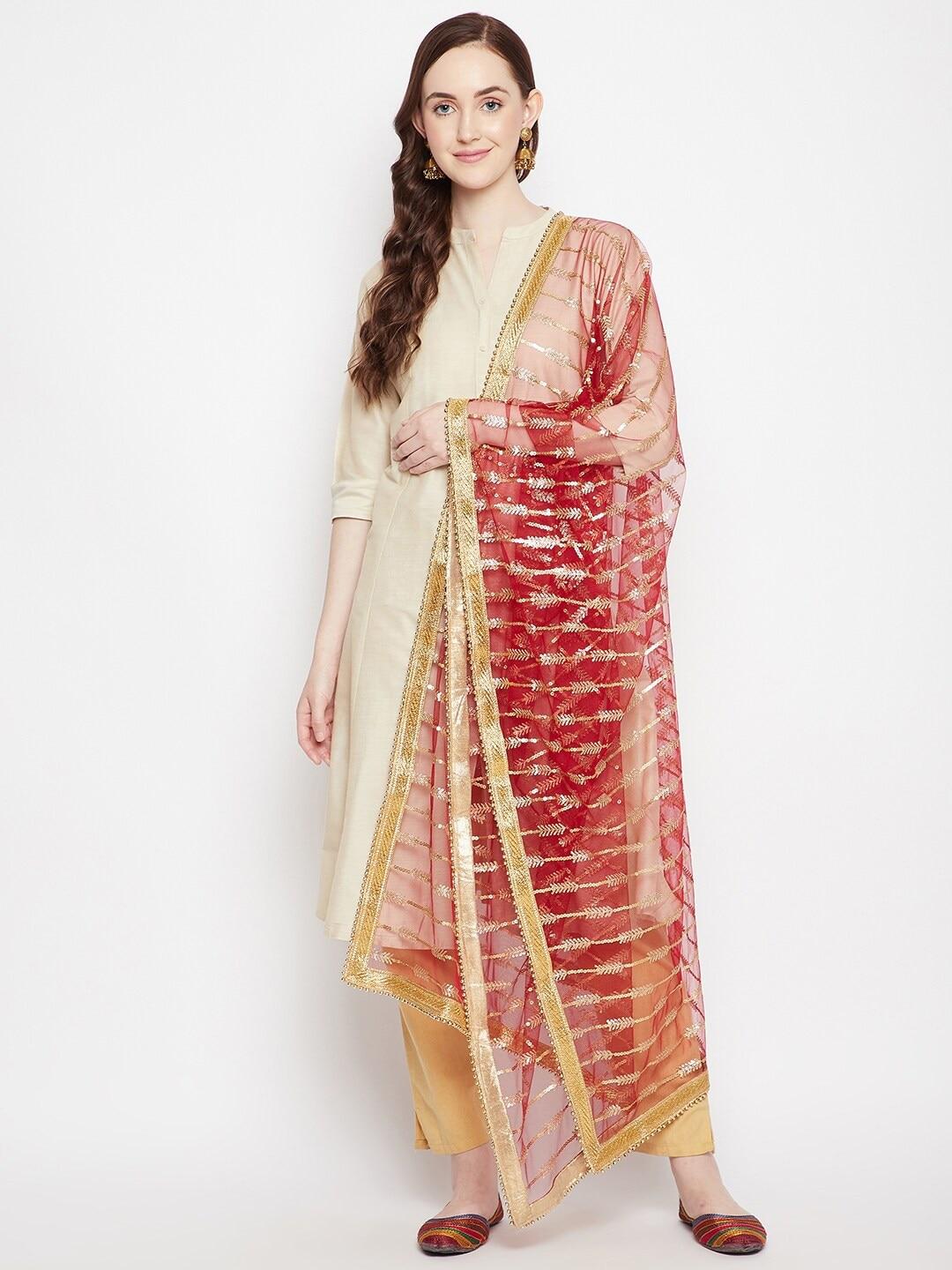 Clora Creation Women Red & Gold-Toned Sequinned Embellished Dupatta