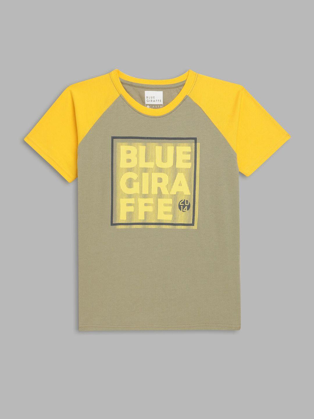 Blue Giraffe Boys Brown & Yellow Brand Logo Printed Pure Cotton T-shirt
