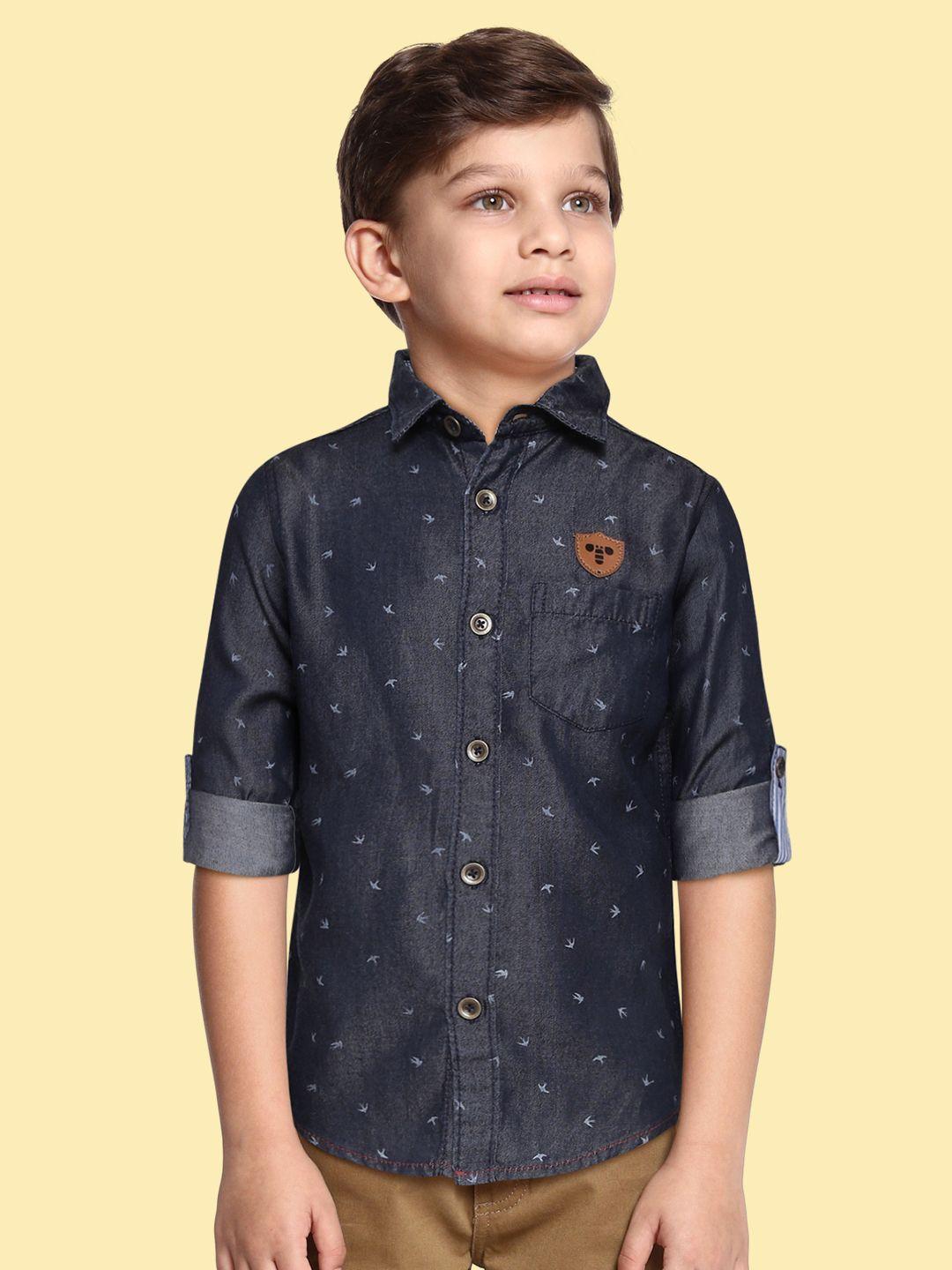 toothless Boys Navy Blue Pure Cotton Printed Chambray Shirt