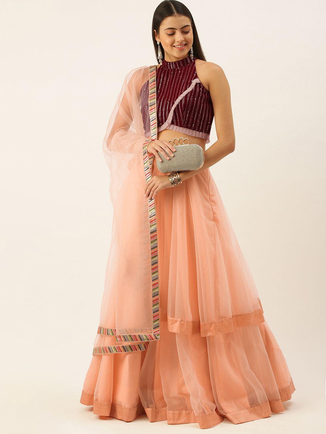 Ethnovog Maroon  Peach-Coloured Embellished Sequinned Made to Measure Lehenga  Blouse With Dupatta