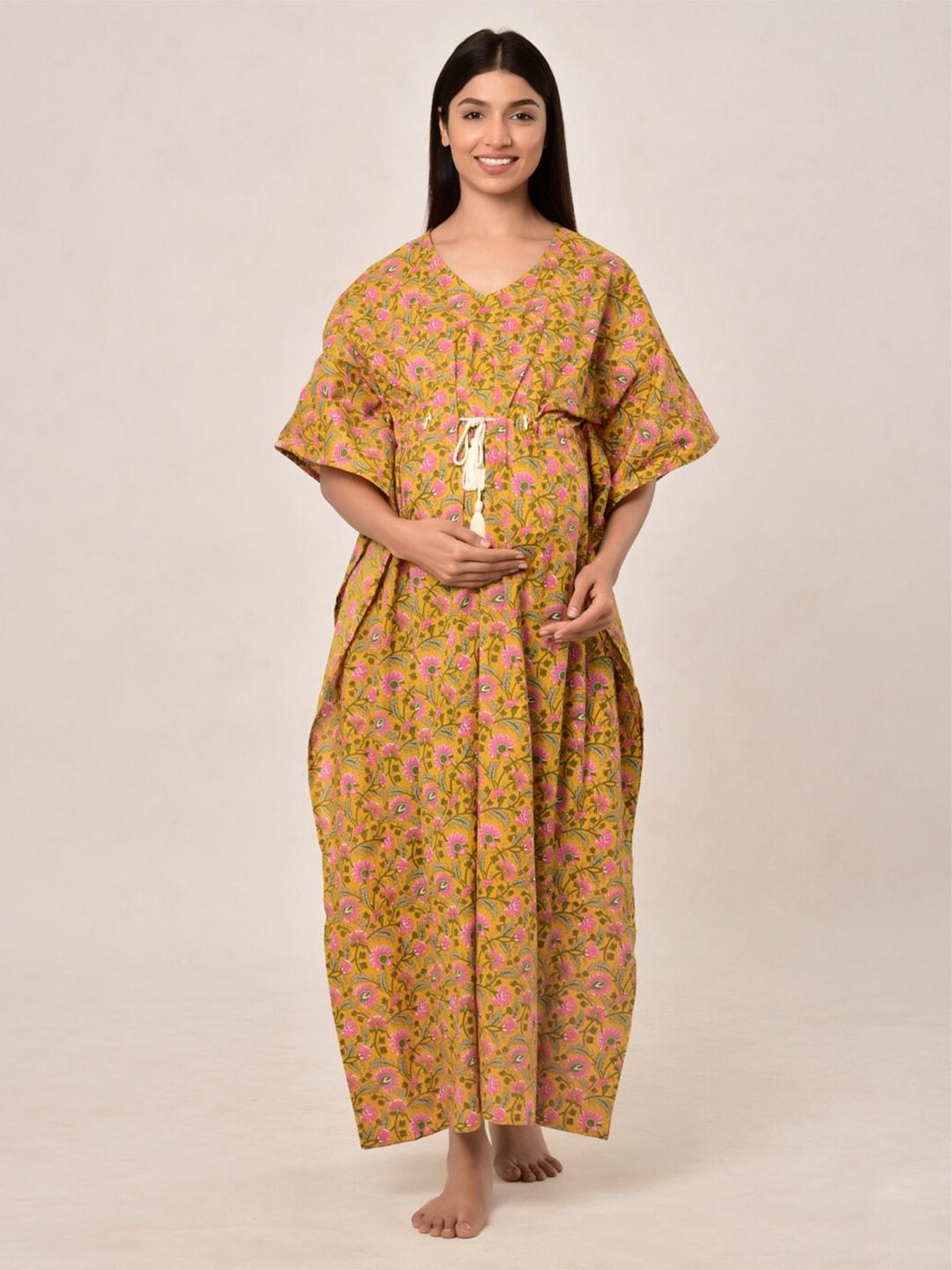 Ikk Kudi by Seerat Yellow Printed Maxi Nursing Kaftan Nightdress