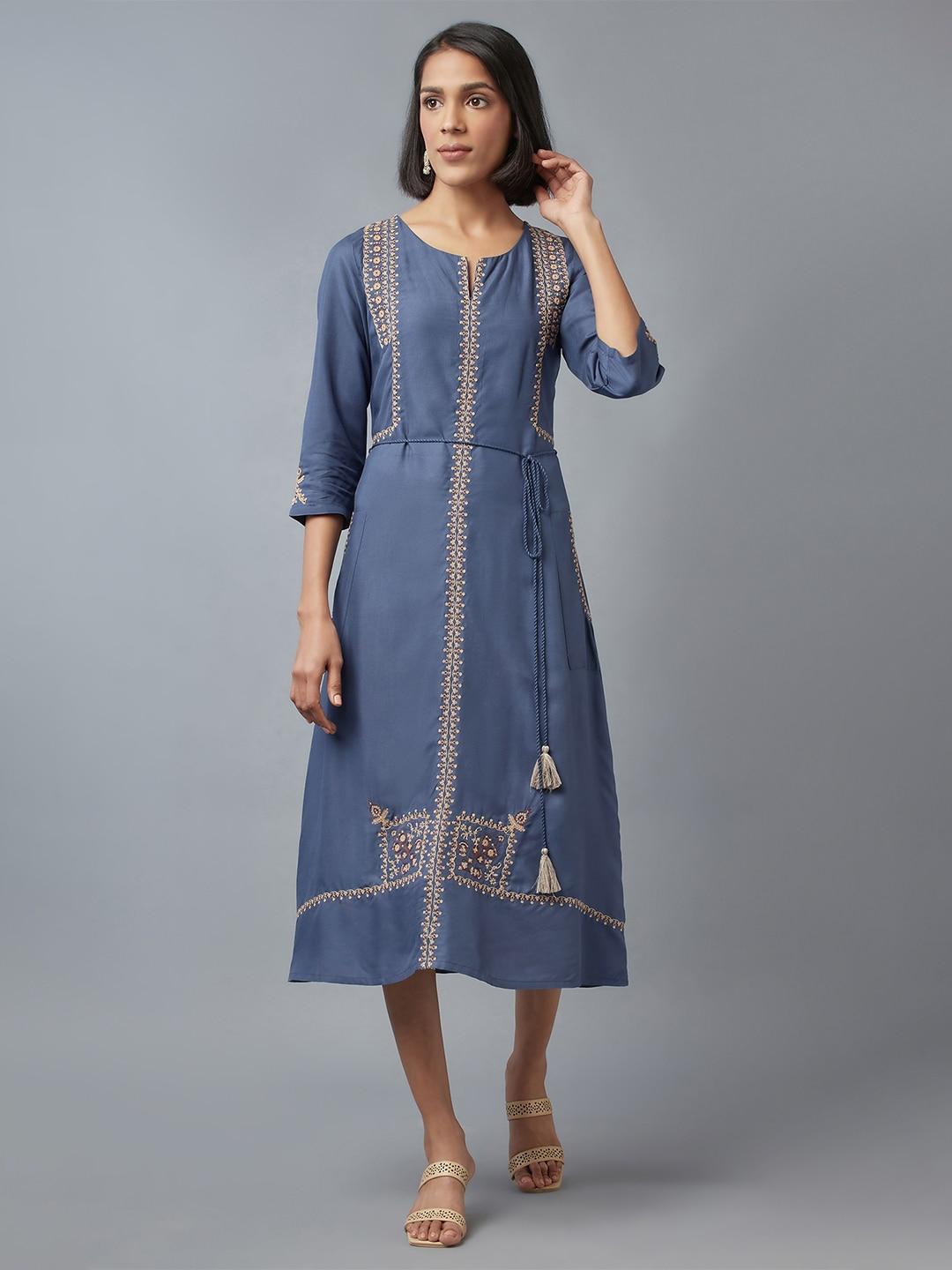 W Women Blue Ethnic Motifs Embroidered A-Line Midi Dress