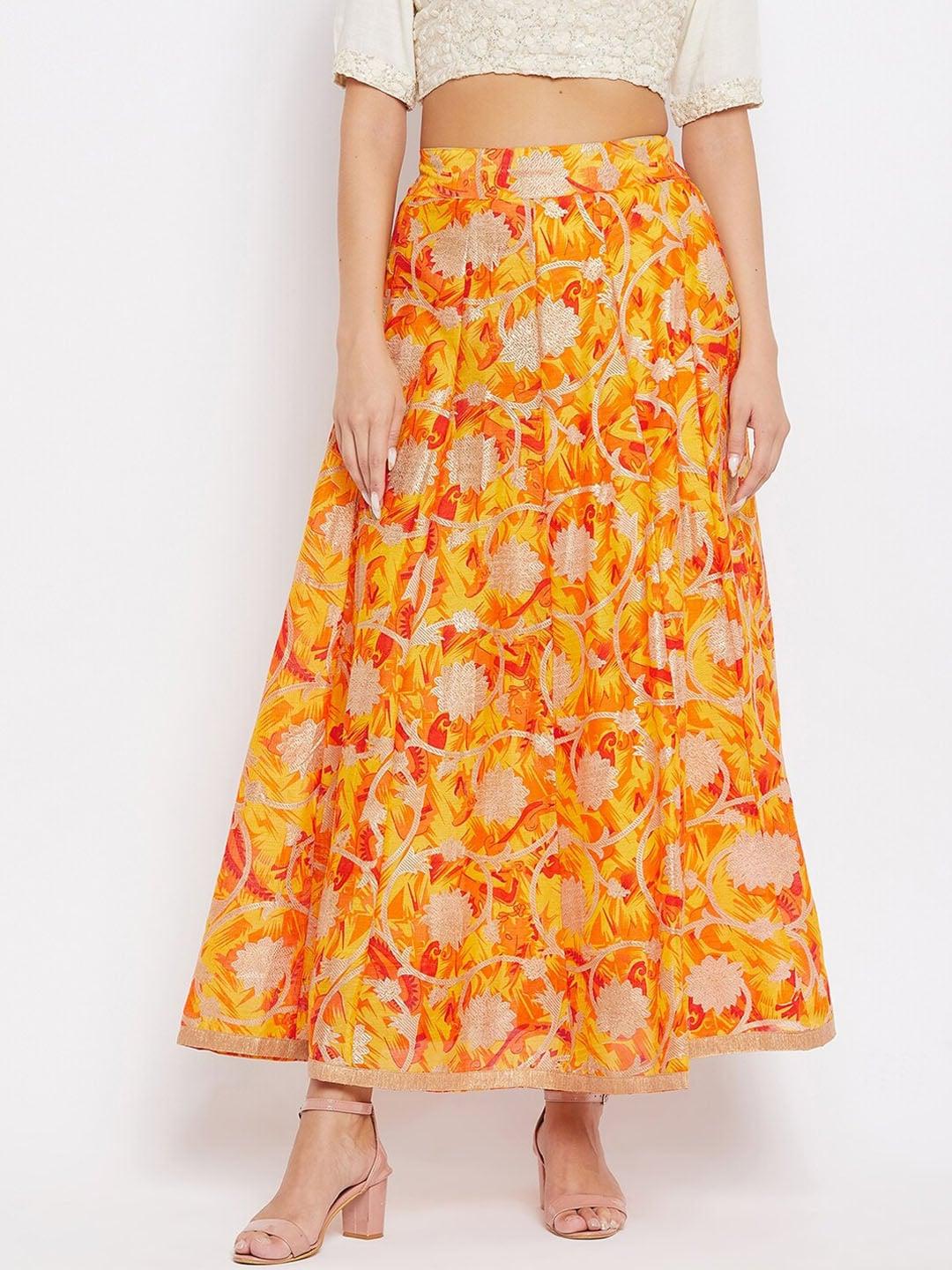 clora-creation-women-yellow-&-orange-floral-printed-flared-skirts