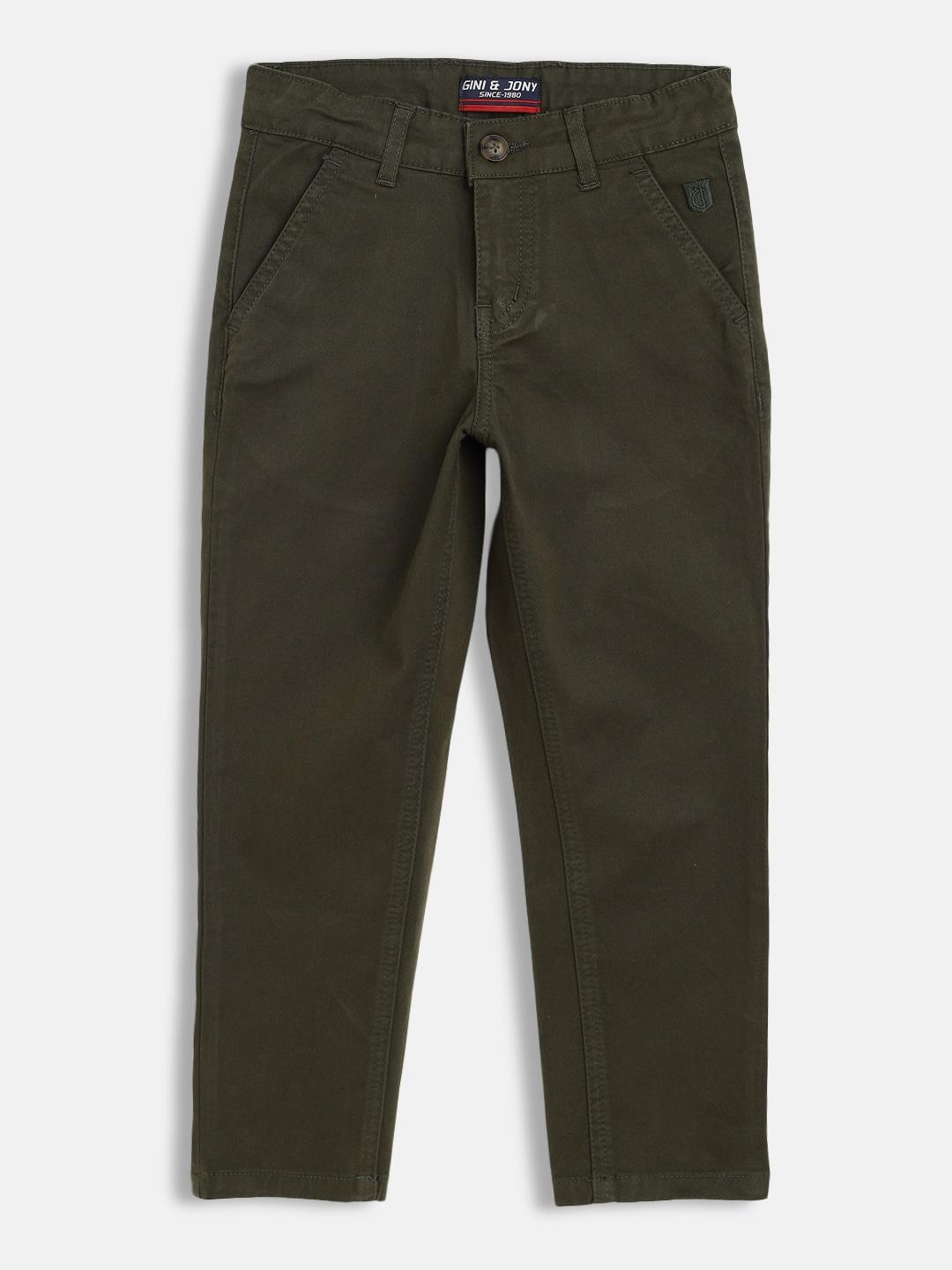 Gini and Jony Boys Olive Green Solid Mid-Rise Chino Trousers