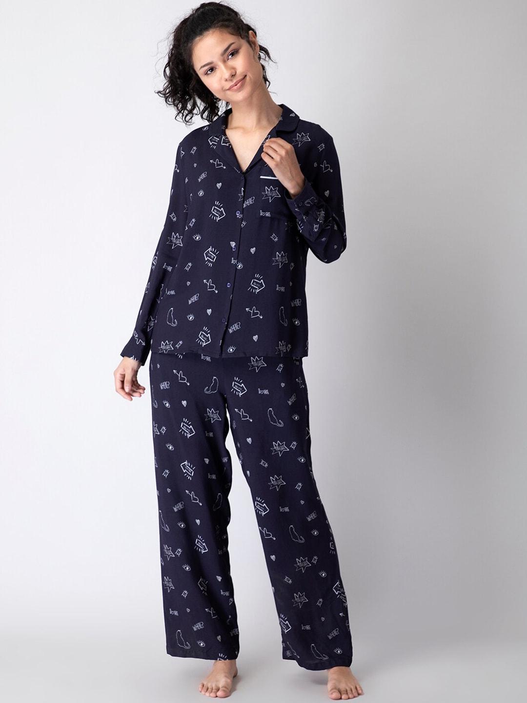 FabAlley Women Navy Blue & White Printed Pure Cotton Night suit