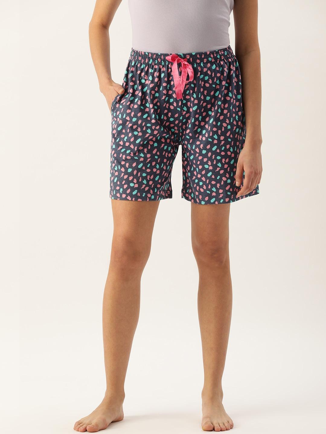 kryptic-women-navy-blue-&-pink-printed-pure-cotton-lounge-shorts