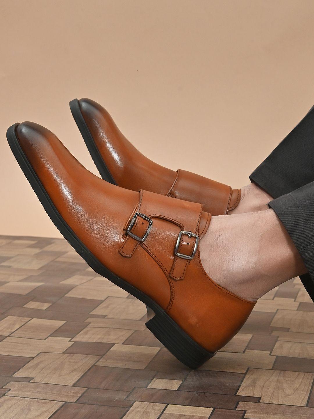 San Frissco Men Tan Solid Leather Formal Monk Shoes
