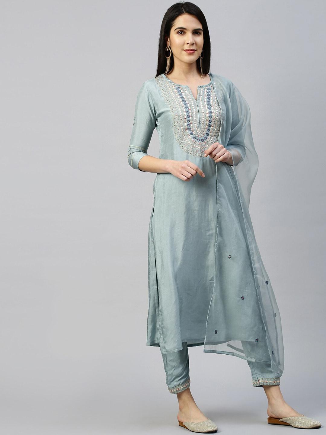 FASHOR Women Turquoise Blue Embroidered Mirror Work Kurta with Trousers