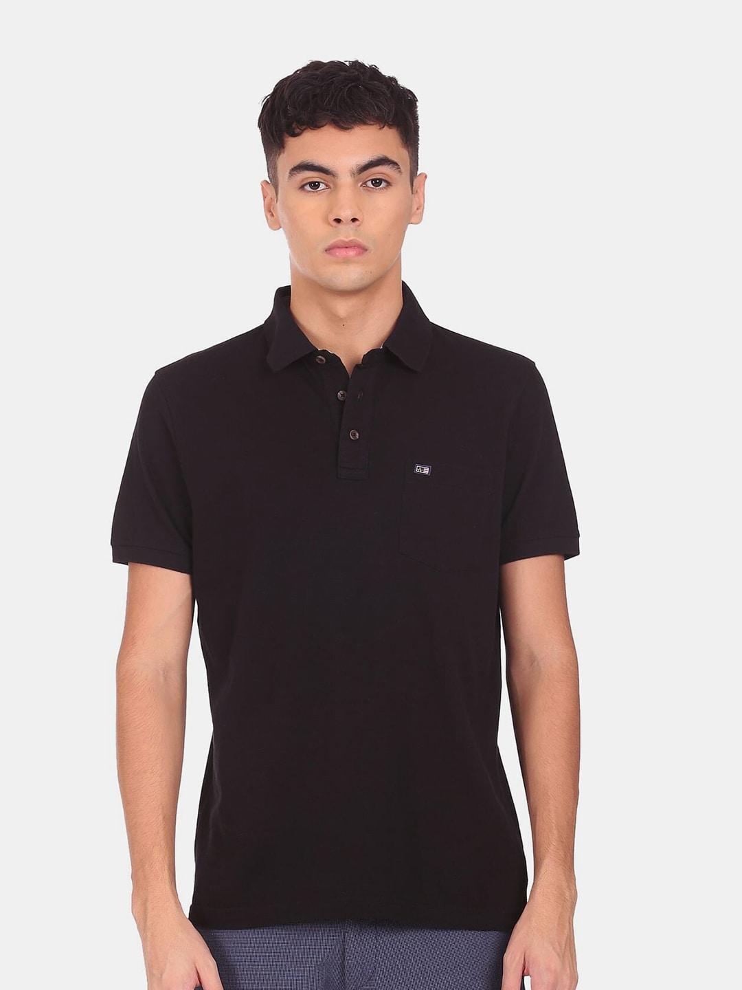 Arrow Men Black Solid Polo Collar Regular-Fit Pure Cotton T-shirt