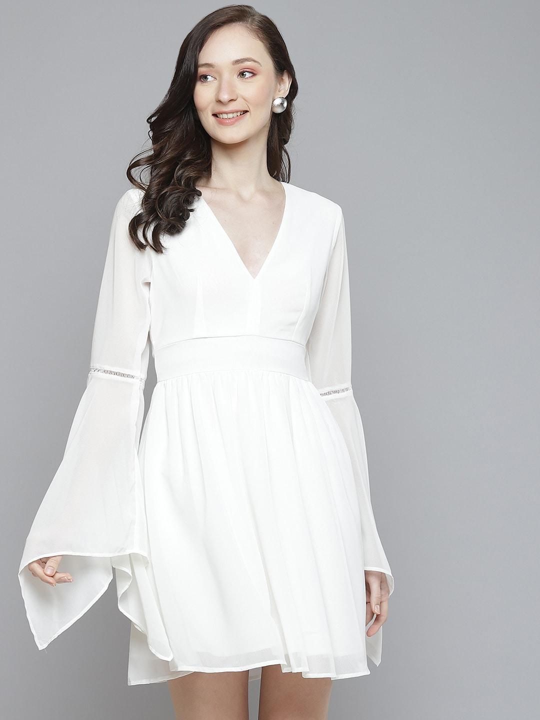 SASSAFRAS Women White Solid Bell Sleeves A-Line Dress