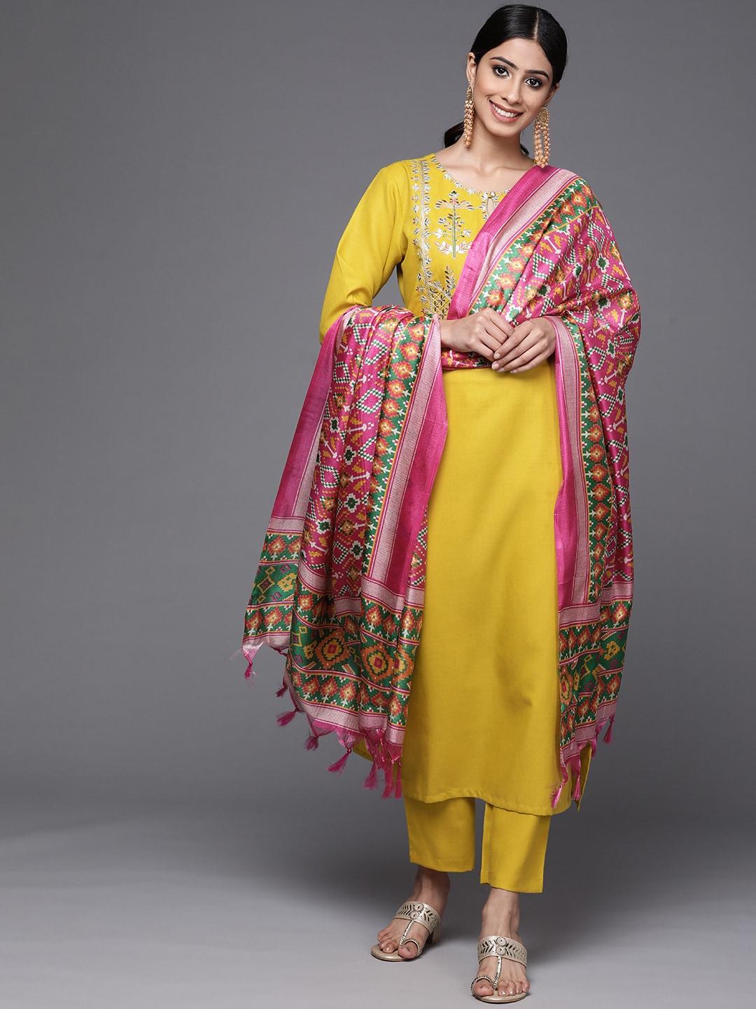 varanga-women-mustard-yellow-yoke-design-mirror-work-cotton-kurta-with-trousers-&-dupatta