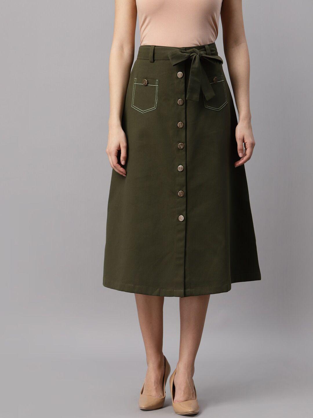 neudis-women-olive-green-cotton-twill-midi-a-line-skirt