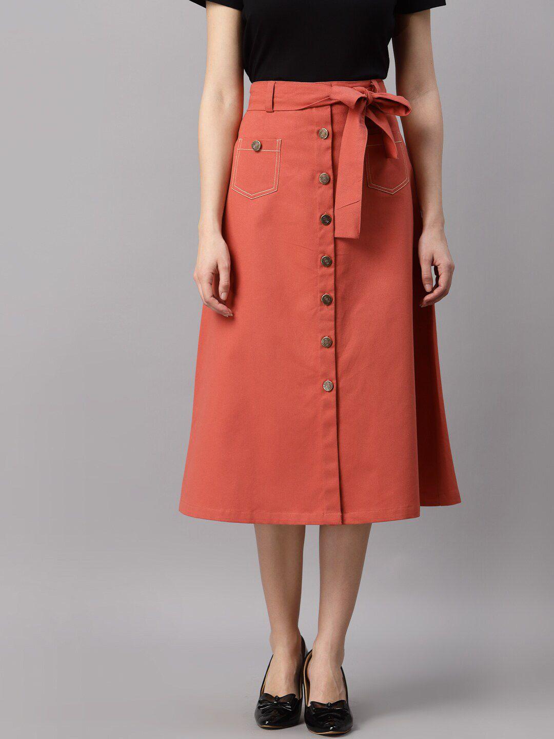 neudis-women-rust-orange-solid-twill-pure-cotton-denim-a-line-midi-skirt