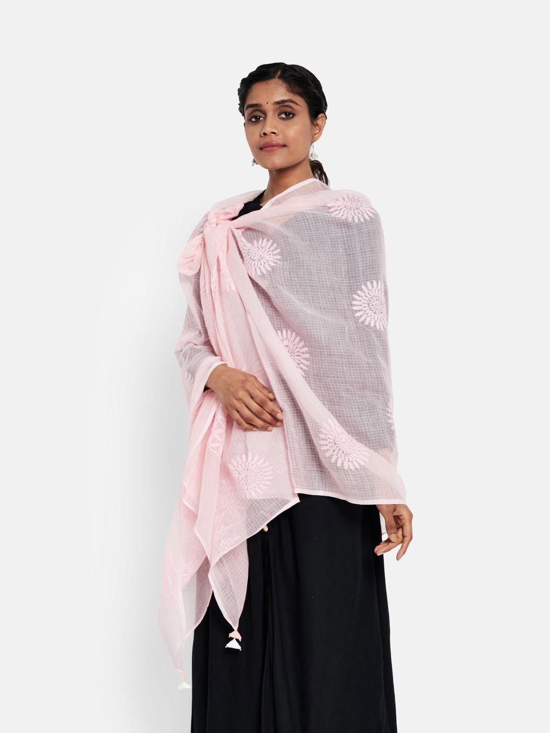 fabindia-women-pink-floral-embroidered-chikankari-dupatta