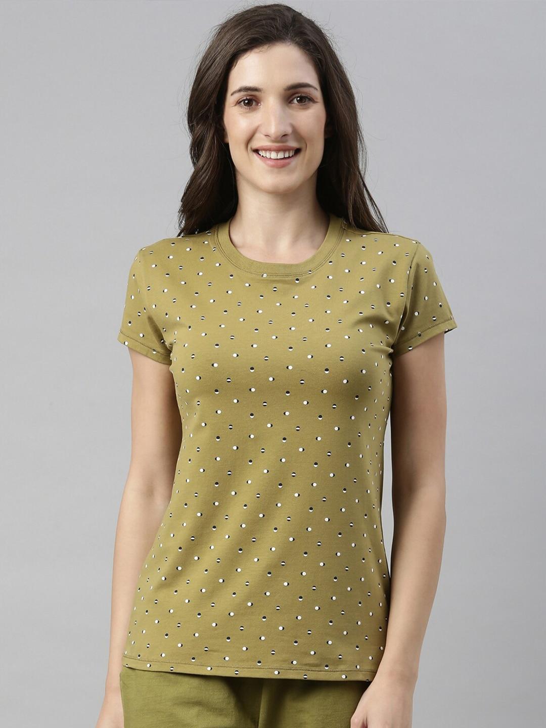 Enamor Women Green Printed Slim Fit Cotton T-shirt