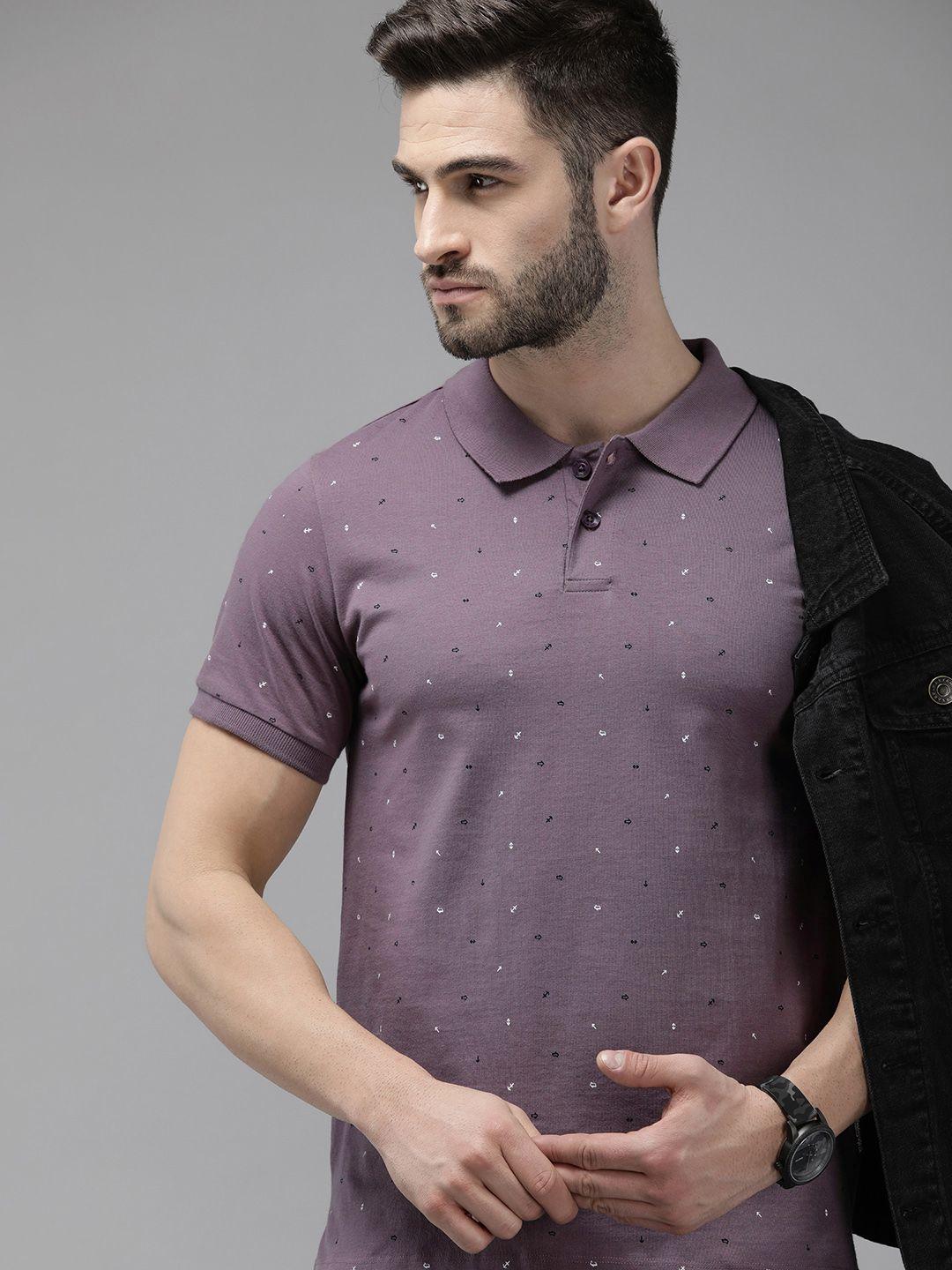 The Roadster Lifestyle Co Men Mauve Printed Pure Cotton Polo Collar T-shirt