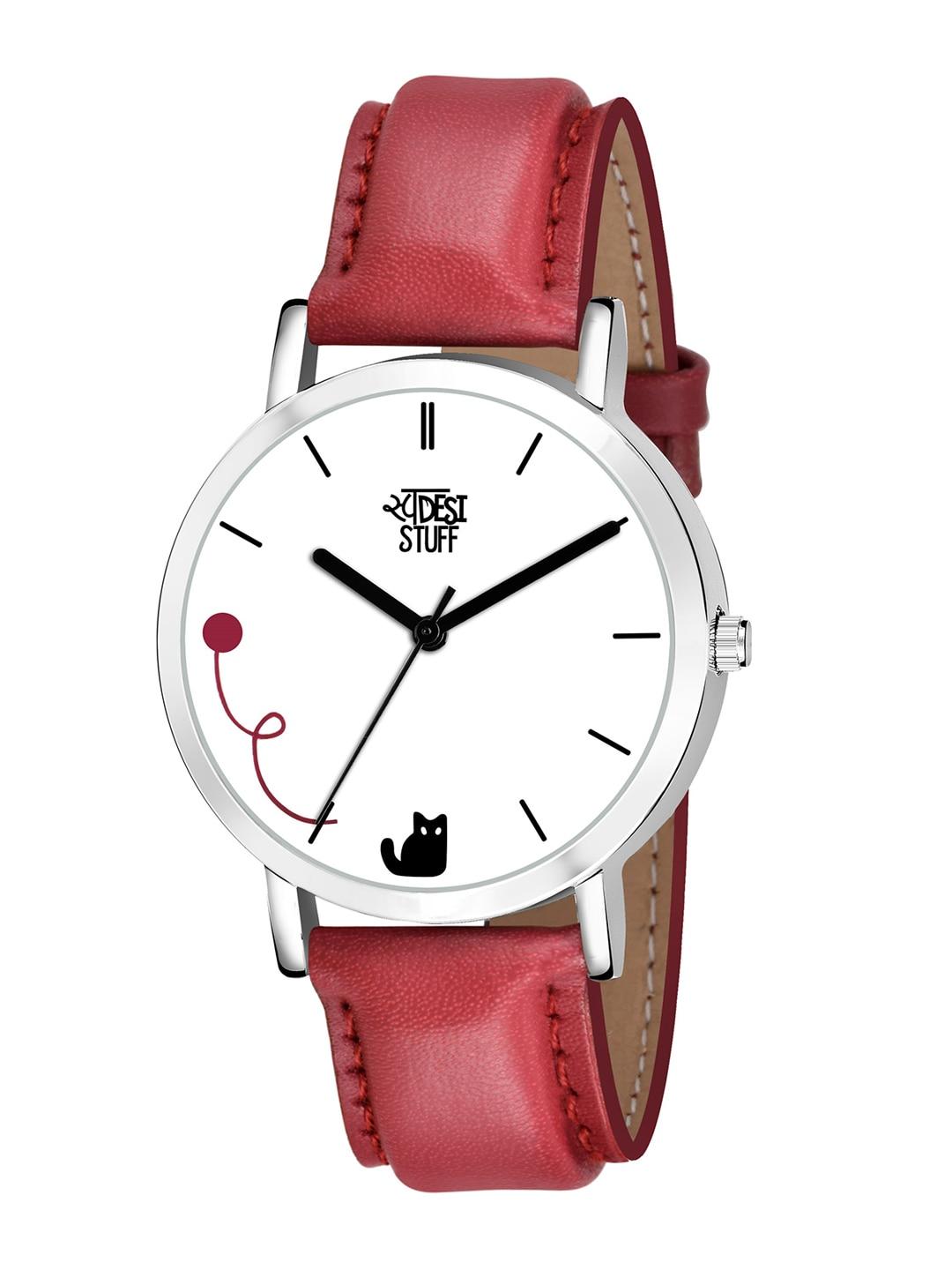 SWADESI STUFF Women White Printed Dial & Red Leather Straps Analogue Watch