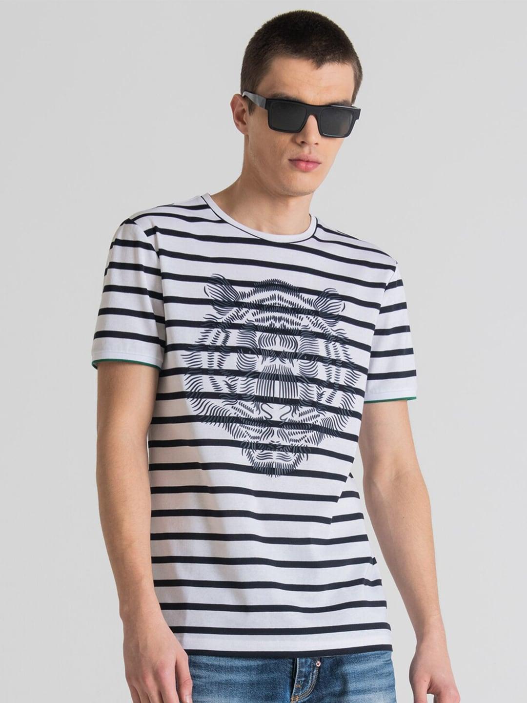 Antony Morato Men White & Black Striped Pure Cotton T-shirt