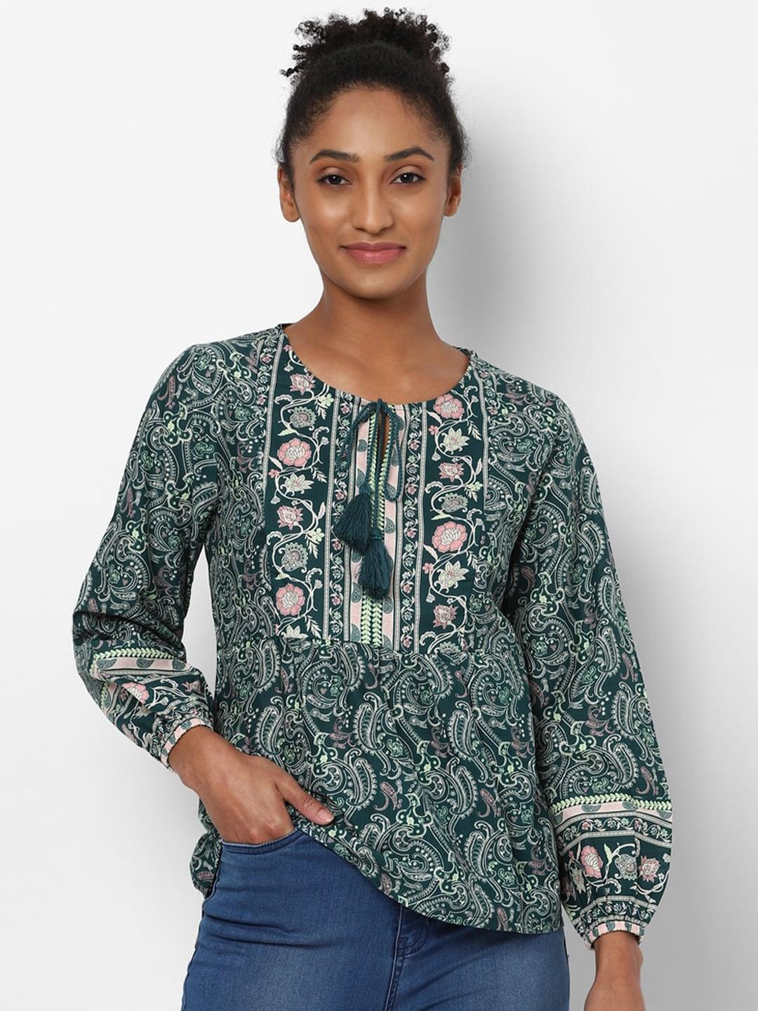 allen-solly-woman-green-floral-print-tie-up-neck-pure-cotton-top