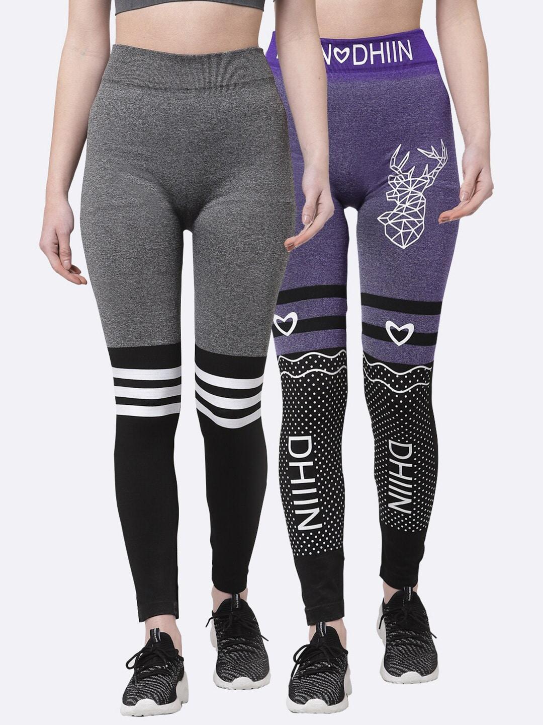 KLOTTHE Women Grey & Purple Set of 2 Printed Skinny Fit Jeggings