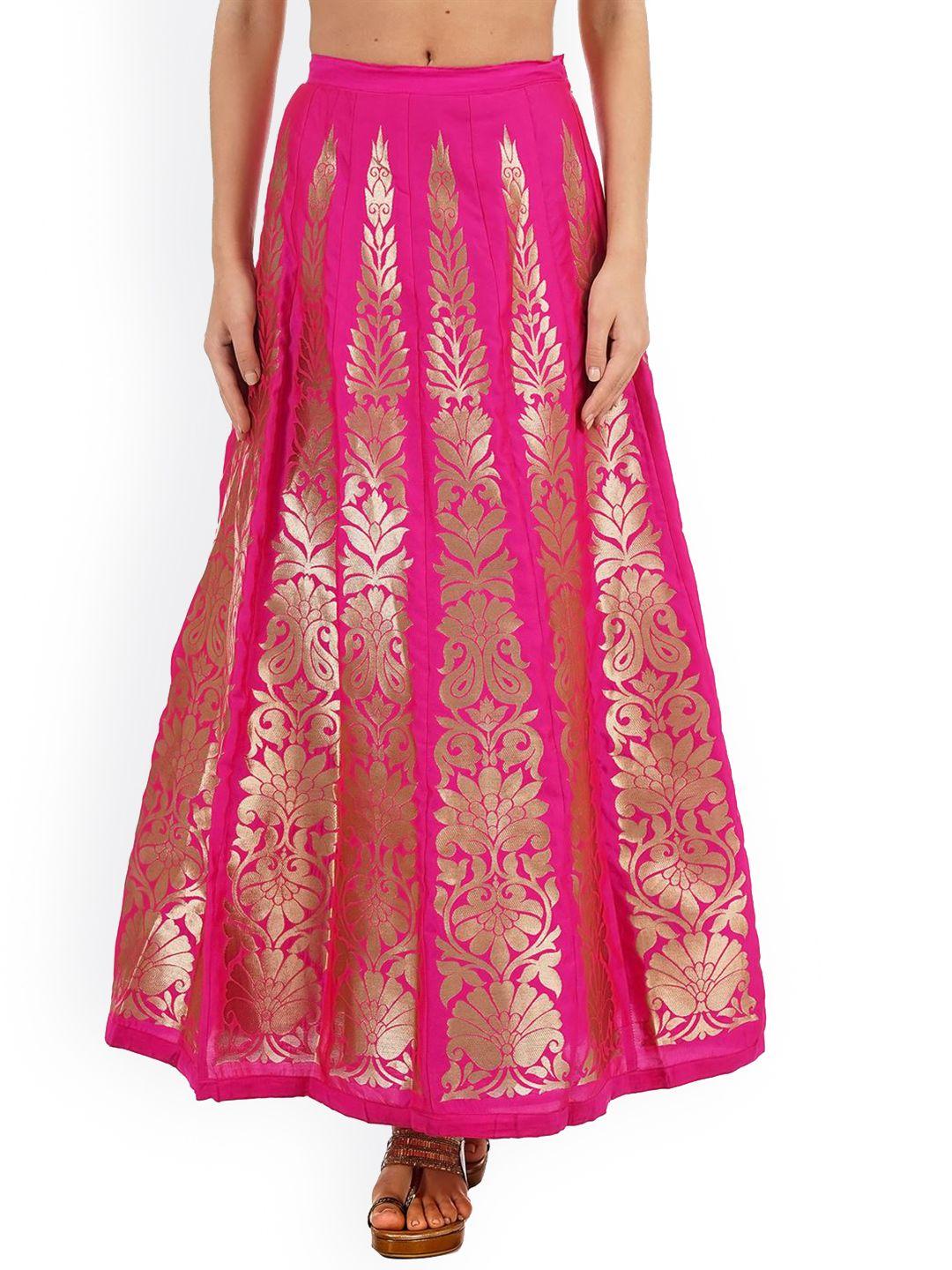 ethnicity-women-fuchsia-&-gold-coloured-printed-flared-maxi-skirt