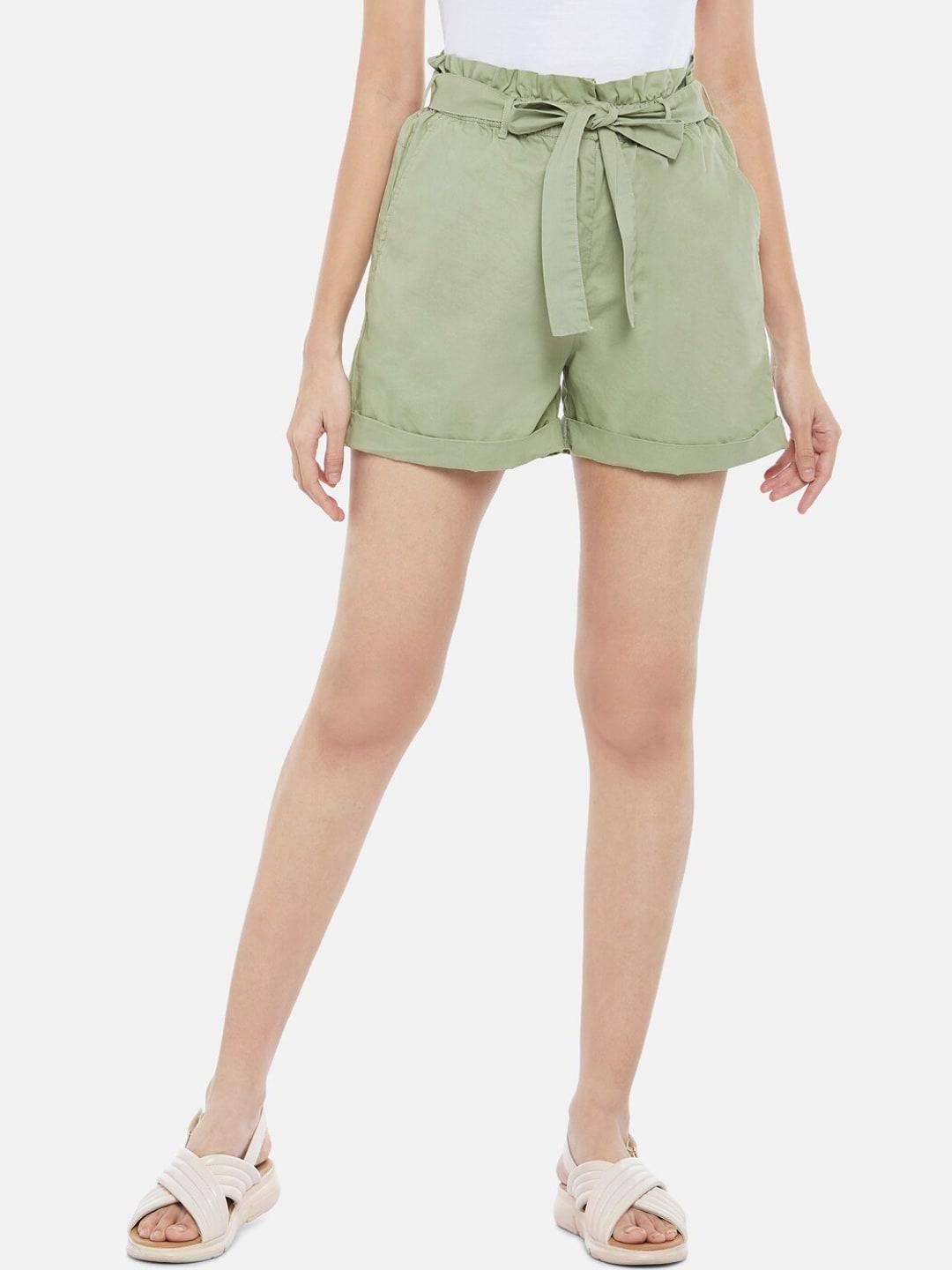 Honey by Pantaloons Women Sage Green High-Rise Pure Cotton Shorts With Belt