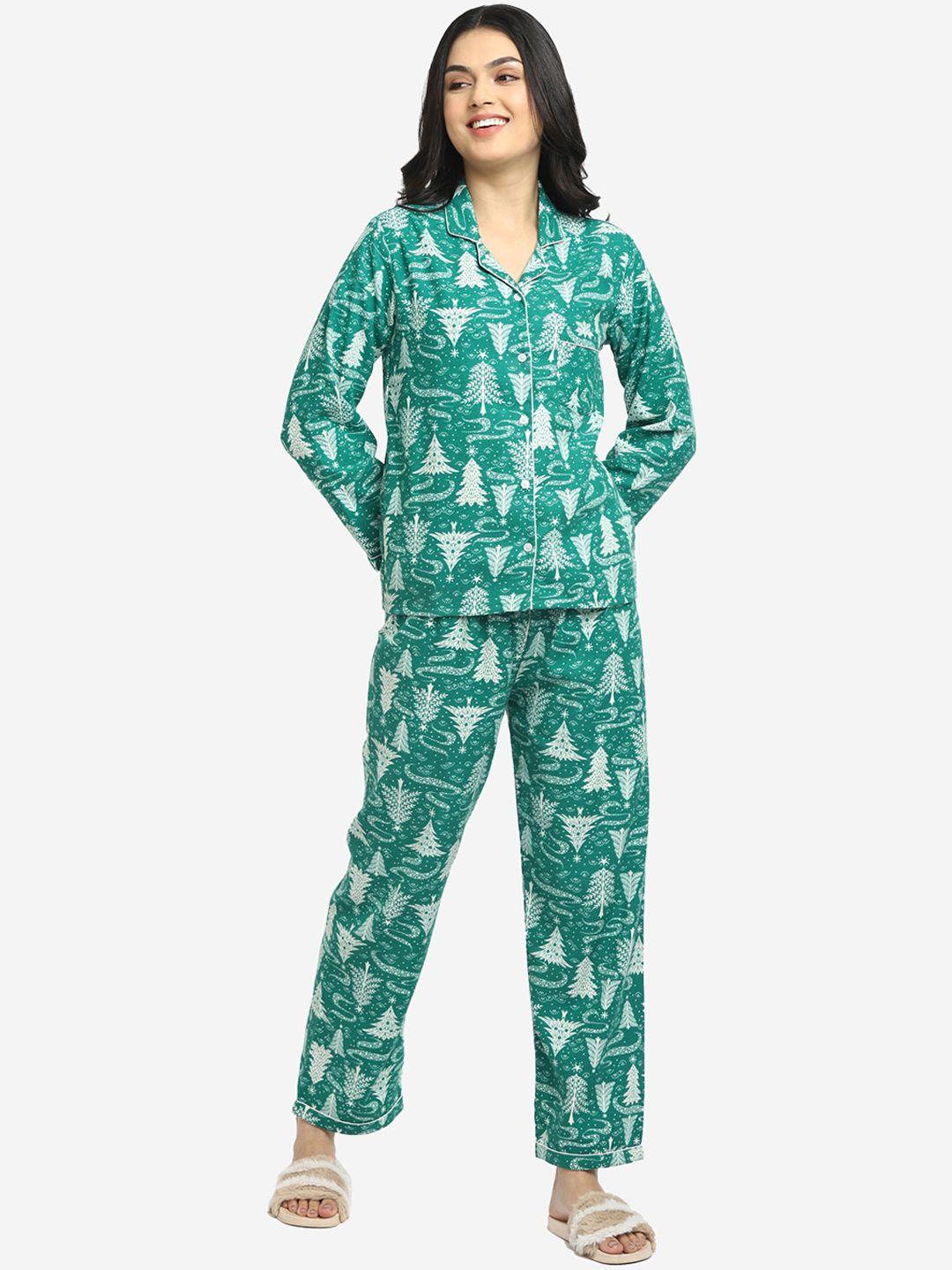 shopbloom Women Green Printed Night Suit