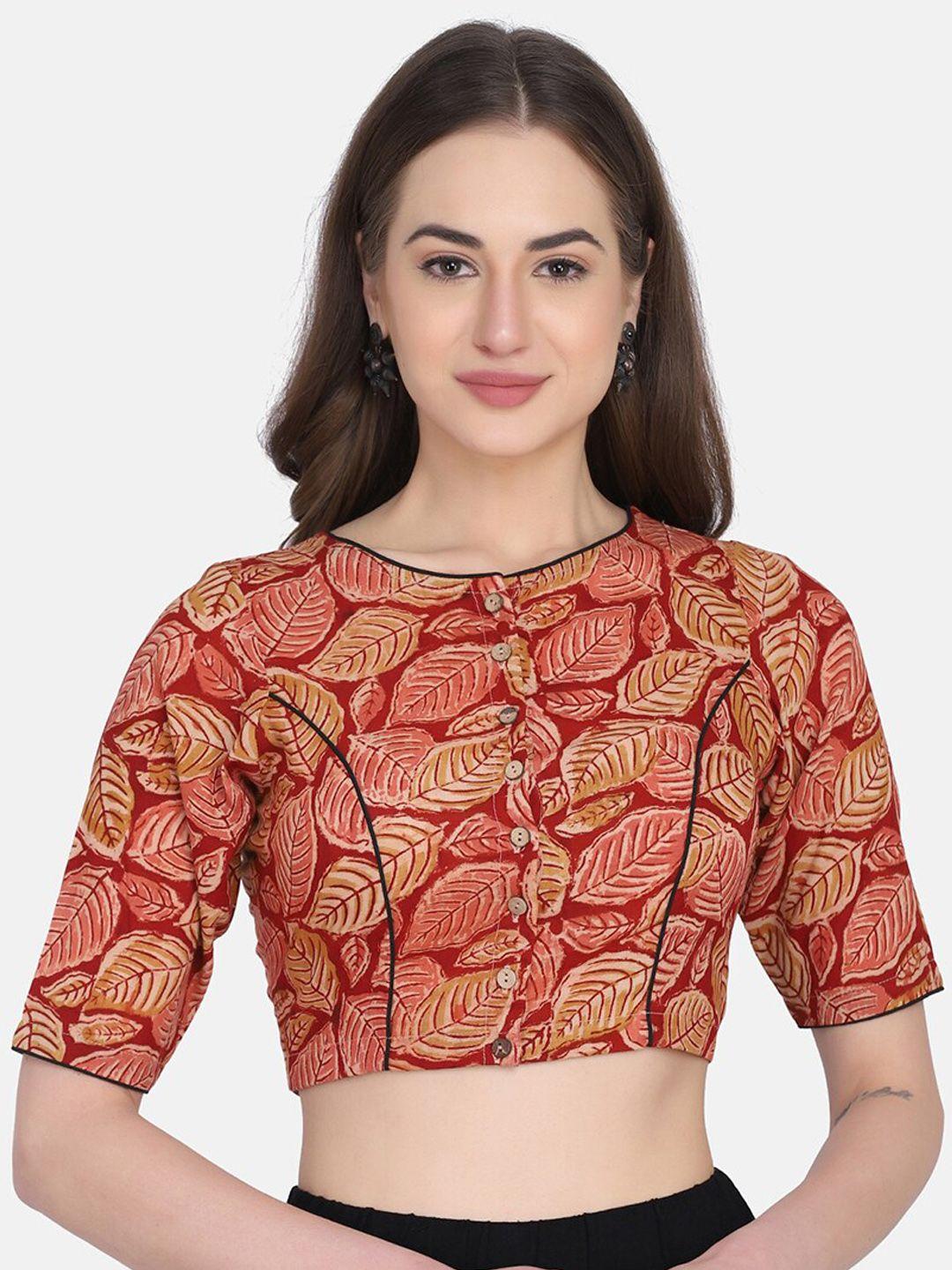 the-weave-traveller-women-red-kalamkari-printed-cotton-non-padded-readymade-saree-blouse