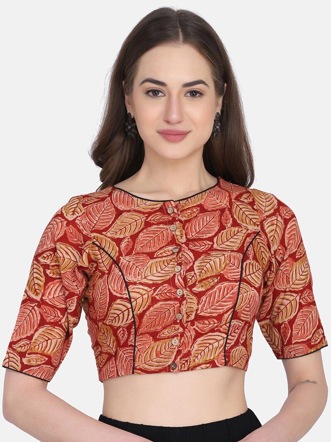the-weave-traveller-red-kalamkari-printed-cotton-non-padded-readymade-saree-blouse