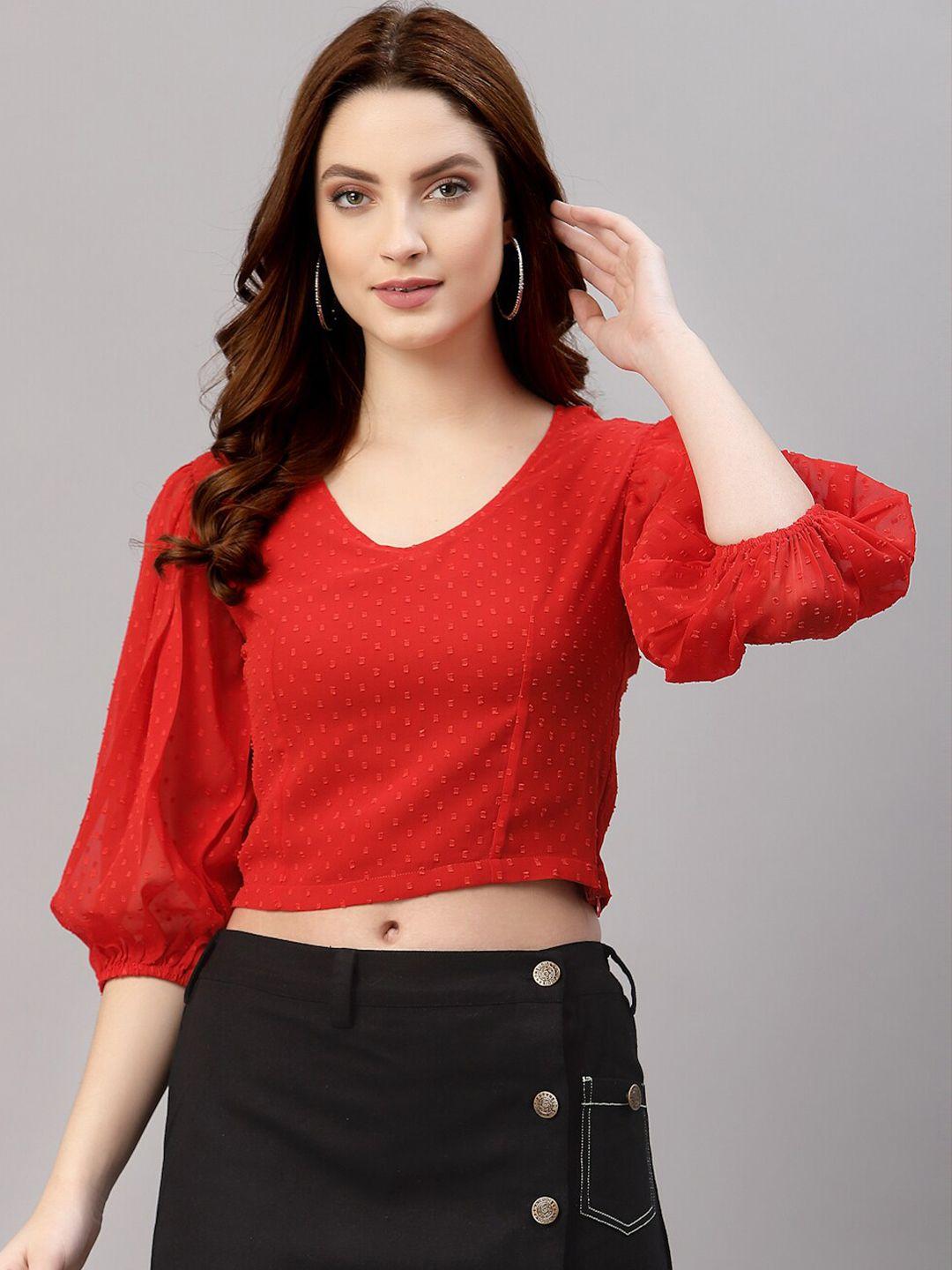 neudis-women-red-chiffon-self-design-puff-sleeves-blouson-crop-top