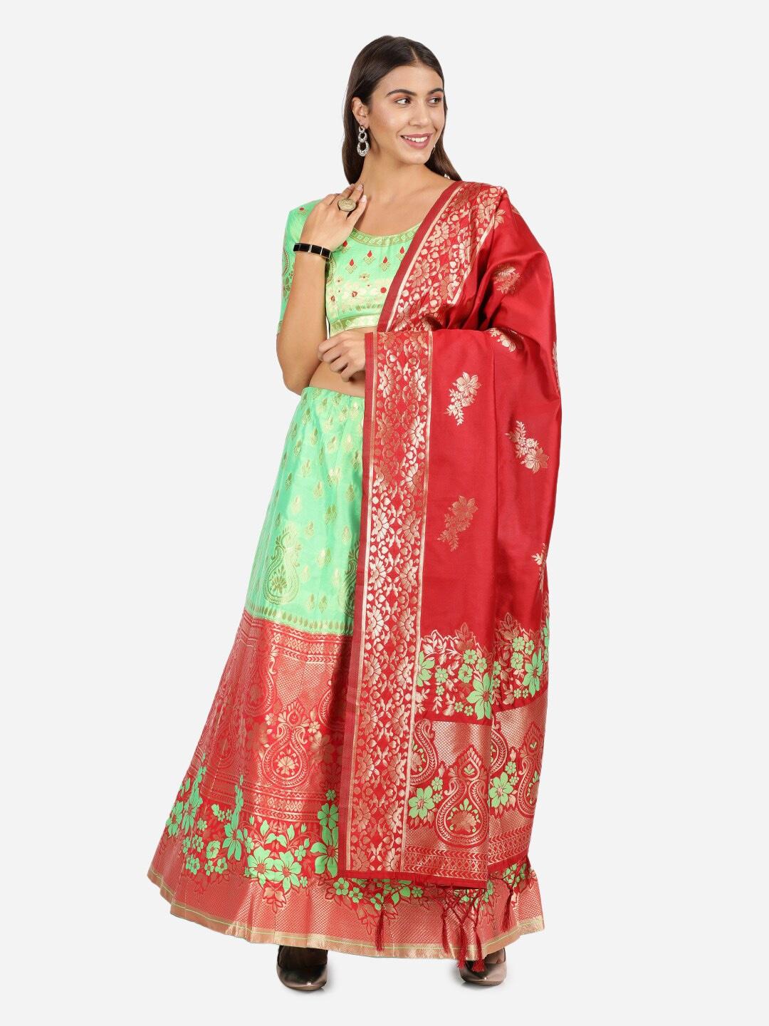 Mitera Green & Red Semi-Stitched Raw Silk Lehenga Choli With Dupatta