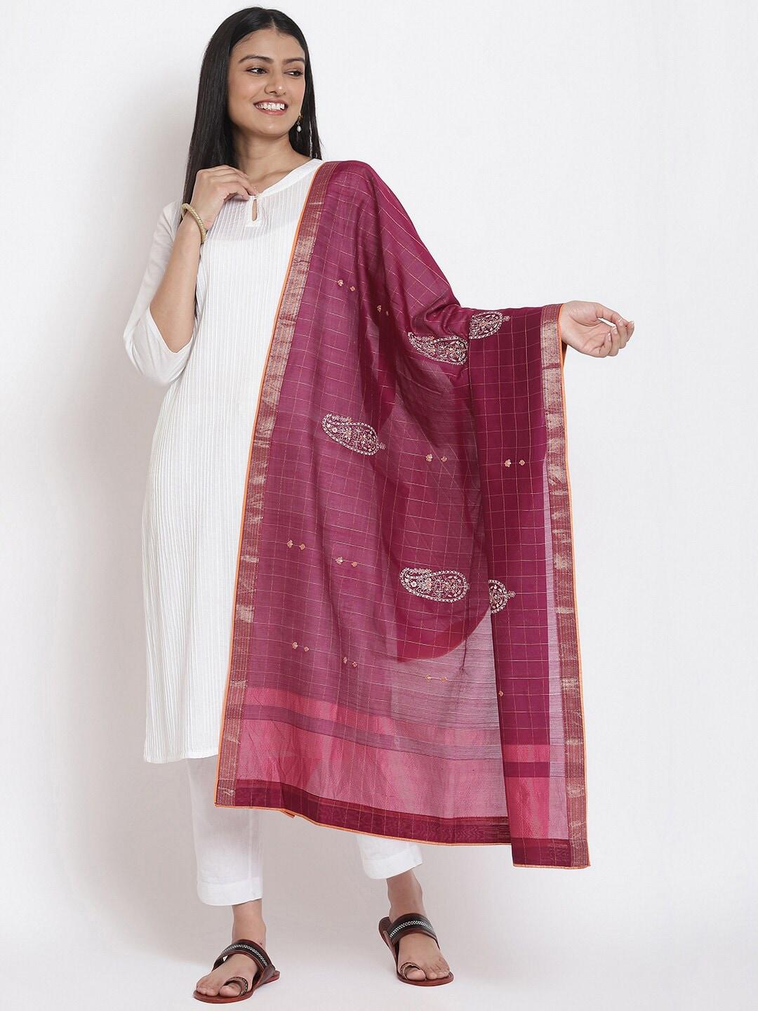 fabindia-burgundy-&-silver-toned-ethnic-motifs-embroidered-cotton-silk-dupatta-with-zari