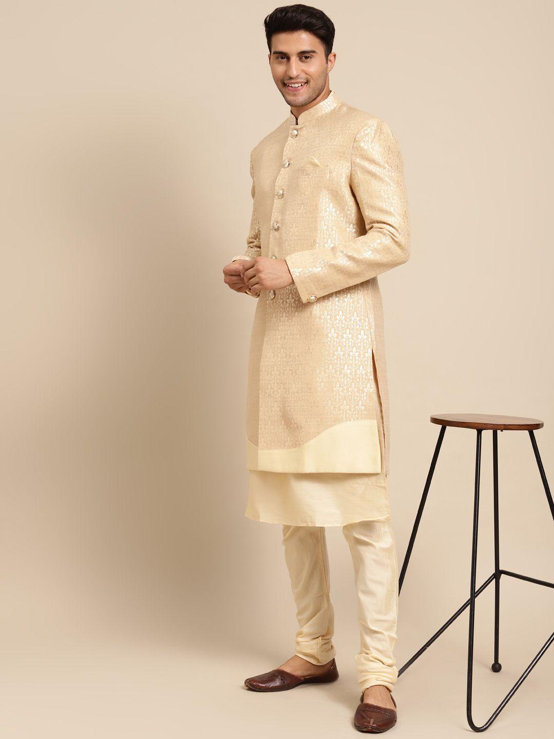 kisah-men-beige-woven-design-cotton-sherwani-set