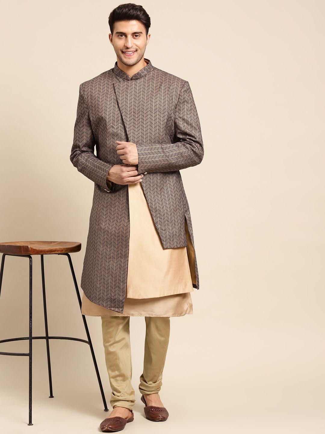kisah-men-brown-&-black-printed-cotton-sherwani-set