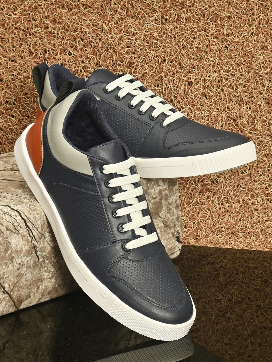 The Roadster Lifestyle Co Men Navy Blue Textured Lightweight Faux Leather Sneakers