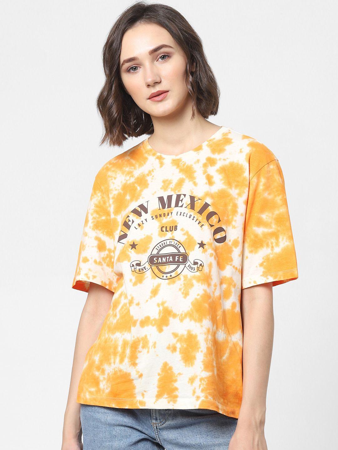 ONLY Women White & Yellow Graphic Printed Cotton Regular Fit T-shirt